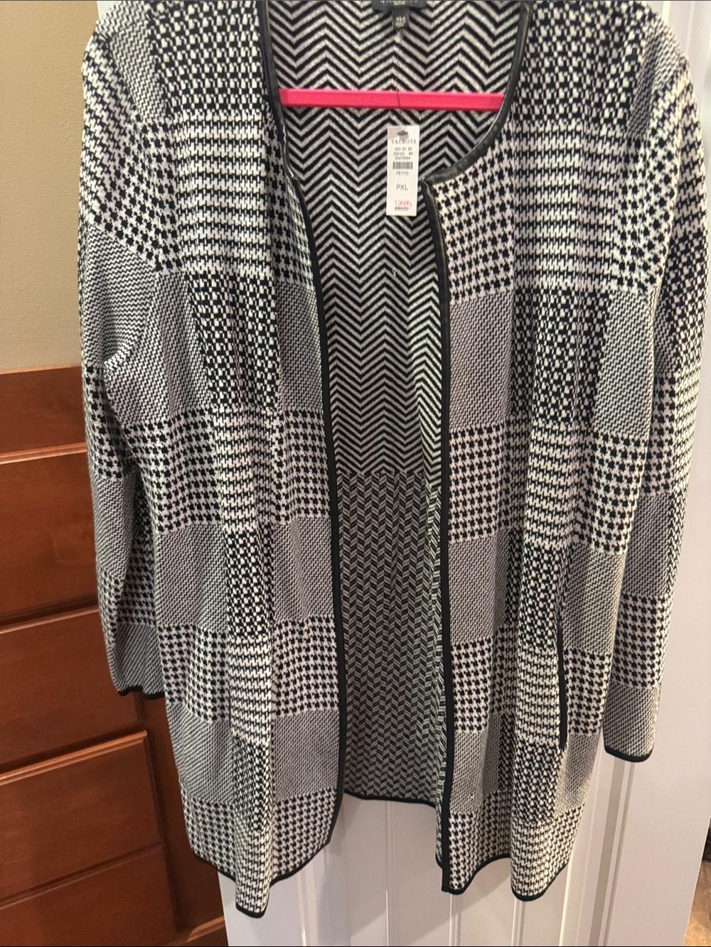 New Talbots Black and White Patchwork Open-Front Cardigan
